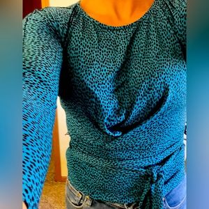 Banana Republic Tie Front Crew Neck Blue Animal Print Blouse XS